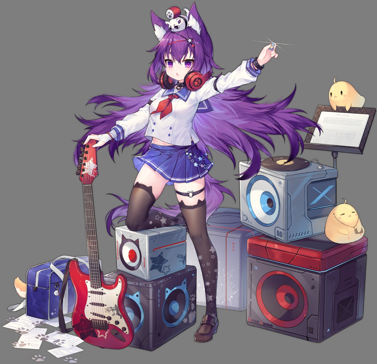 animal_ears, ao_jun, azur_lane, garter, guitar, headphones, manjuu_(azur_lane), seifuku