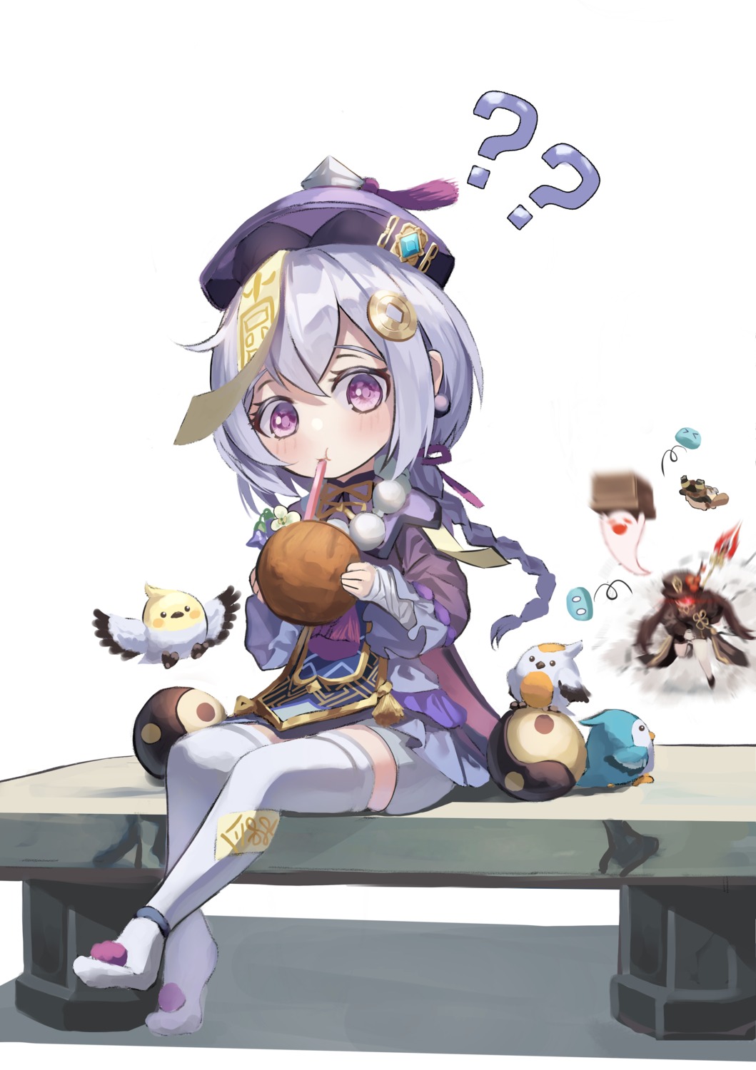 asian_clothes, genshin_impact, prothymos, qiqi, thighhighs