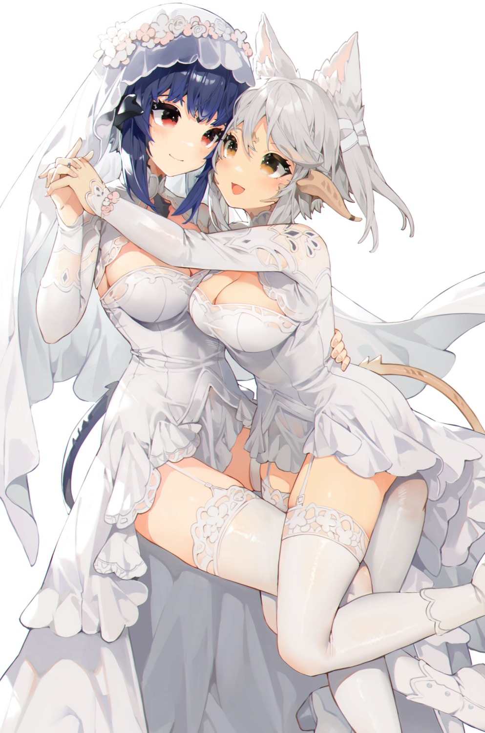 akizone, animal_ears, cleavage, dress, heels, horns, stockings, tail
