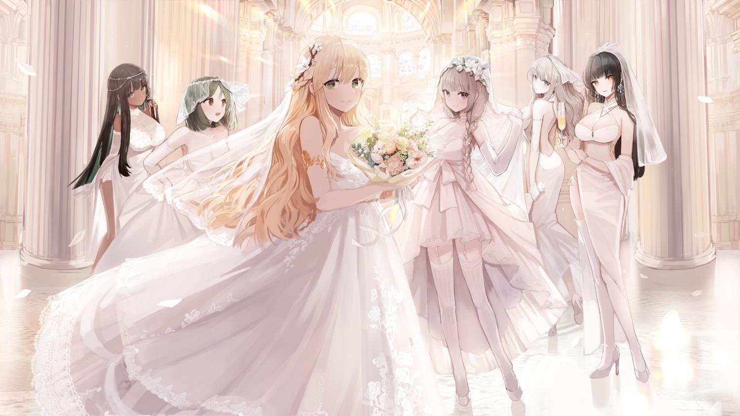cleavage, dress, heels, no_bra, pantsu, see_through, seorang, skirt_lift, stockings, string_panties, thighhighs, wedding_dress