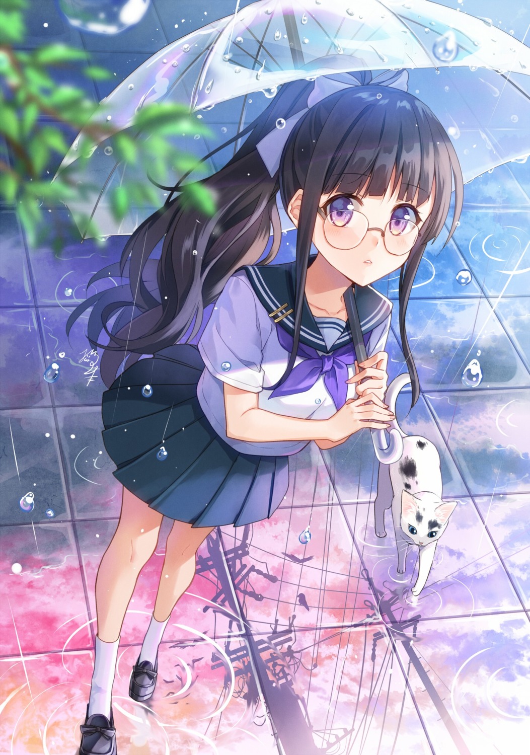 megane, neko, nekozuki_yuki, seifuku, umbrella