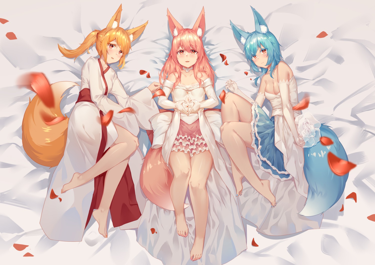 animal_ears, dress, japanese_clothes, kitsune, mouma, no_bra, skirt_lift, tail, wedding_dress