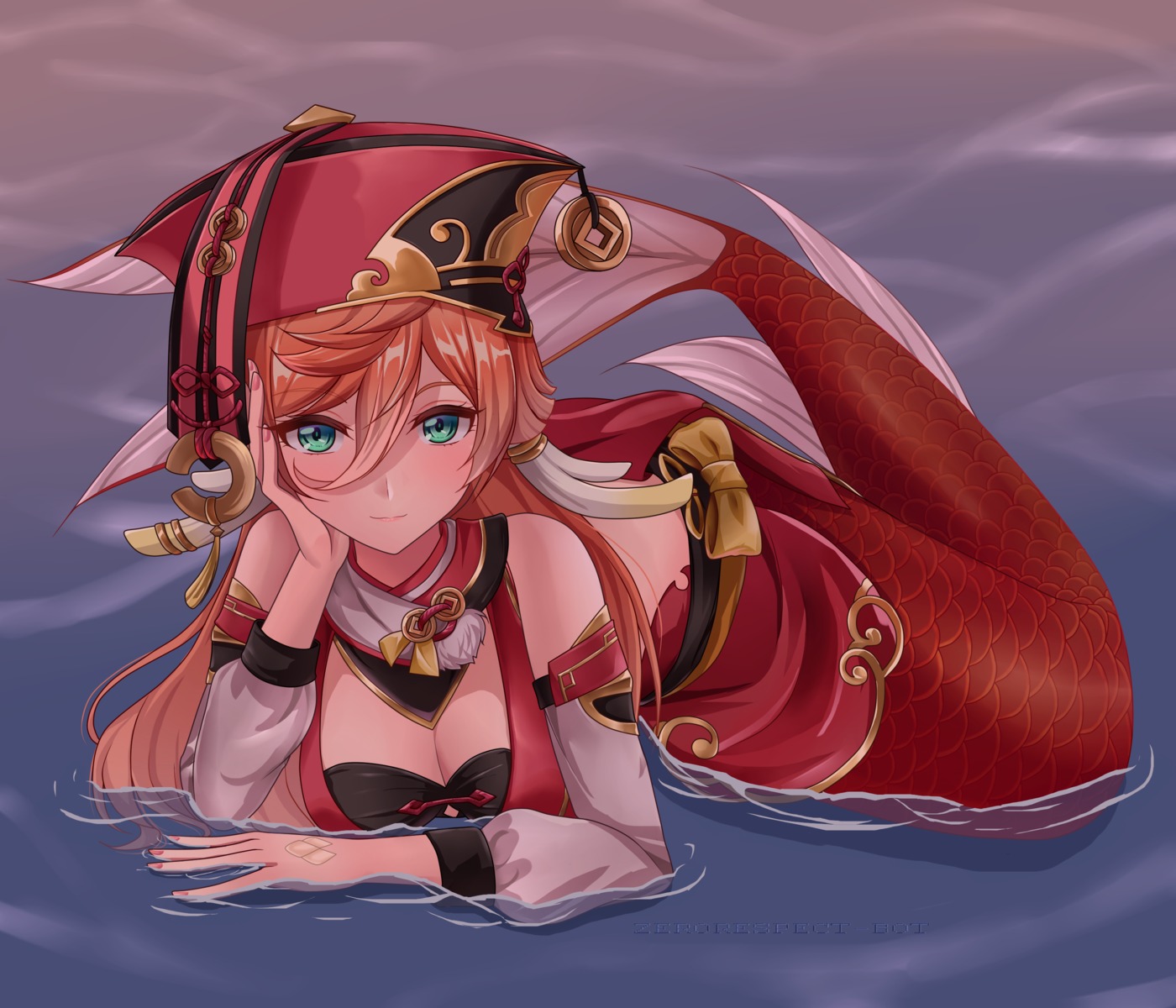 asian_clothes, genshin_impact, mermaid, monster_girl, tail, wet, yanfei, zerorespect_bot