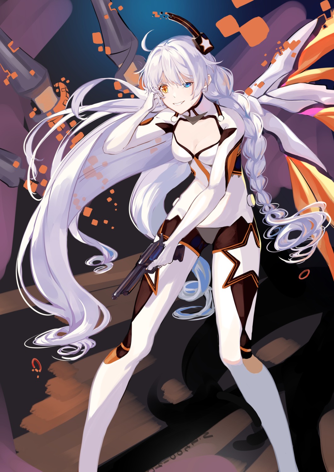 benghuai_xueyuan, bodysuit, cleavage, gun, heterochromia, horns, kiana_kaslana, shijiuqaq