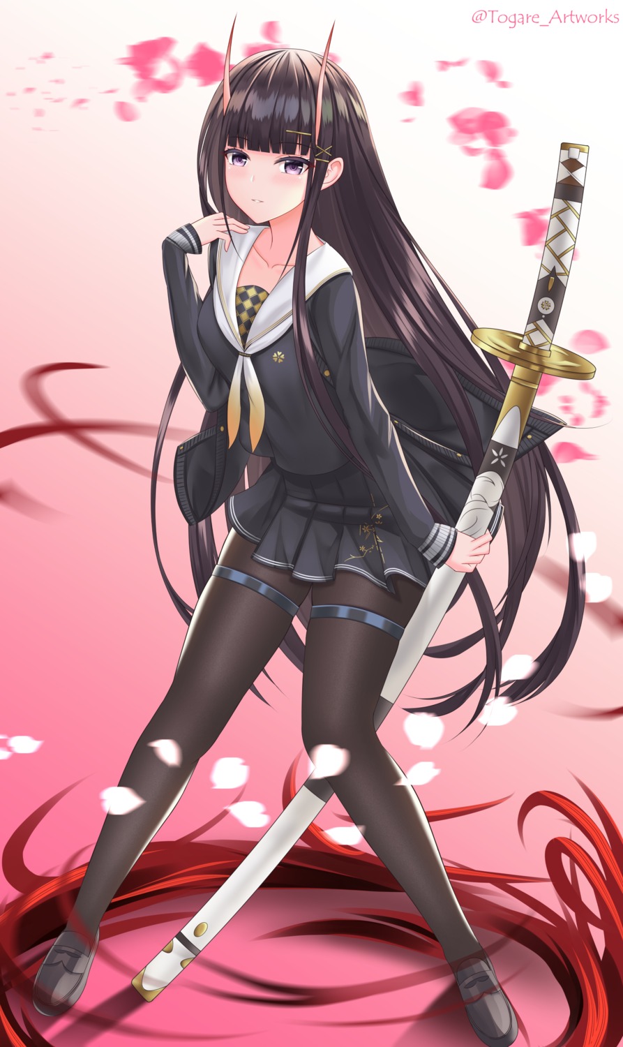 azur_lane, garter, horns, noshiro_(azur_lane), pantyhose, seifuku, skirt_lift, sweater, sword, togare