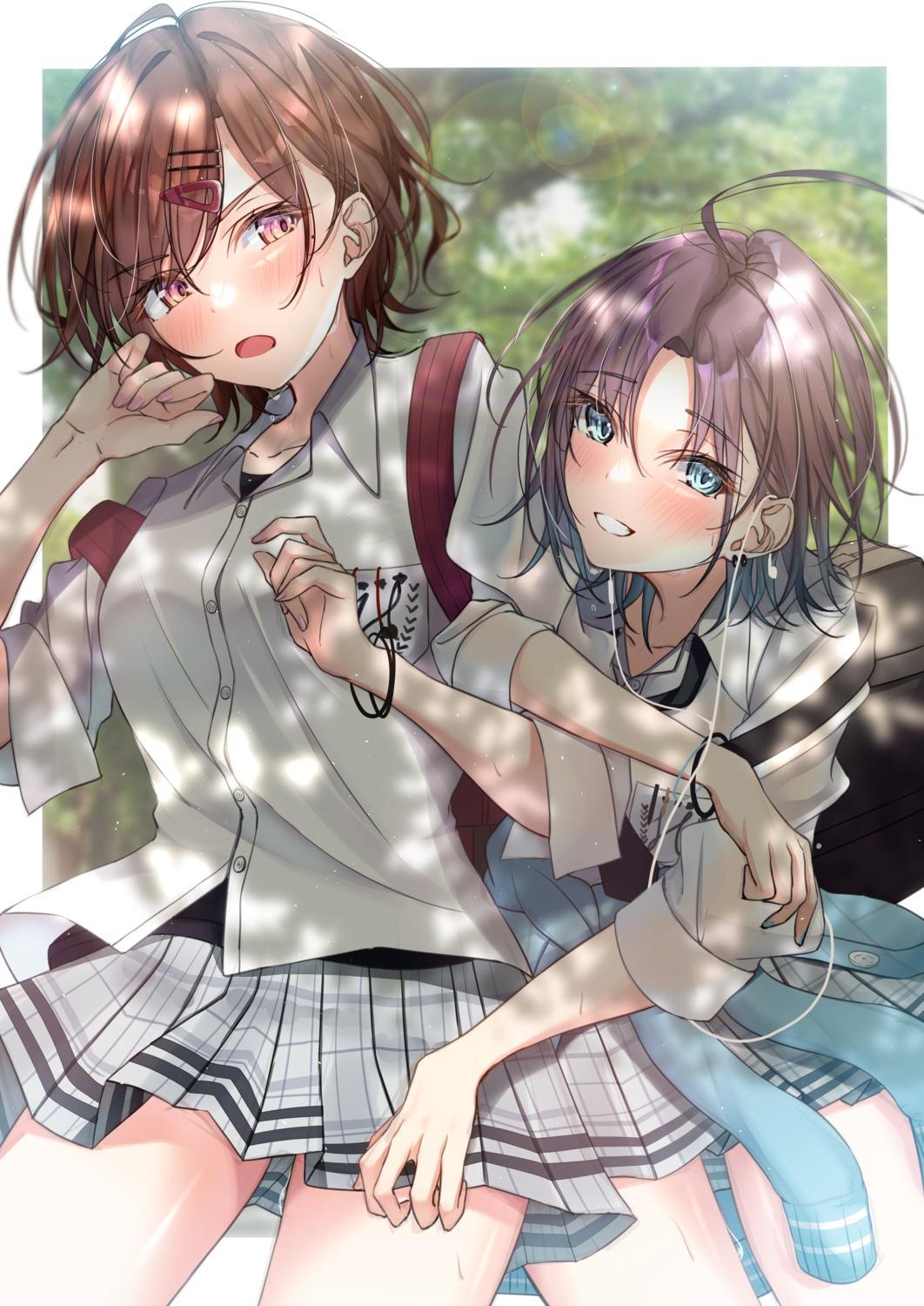 asakura_tooru, higuchi_madoka, kunimine_yuzuki, seifuku, skirt_lift, sweater, the_idolm@ster, the_idolm@ster_shiny_colors
