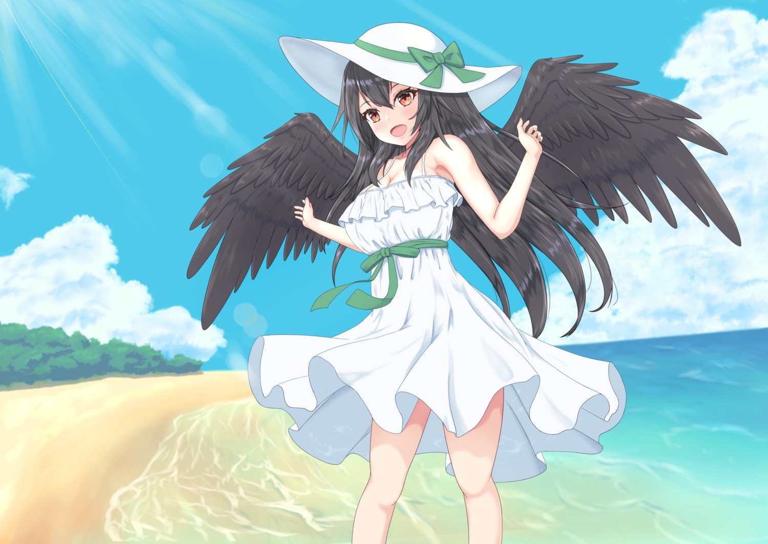 cleavage, dress, o1118, reiuji_utsuho, skirt_lift, summer_dress, touhou, wings