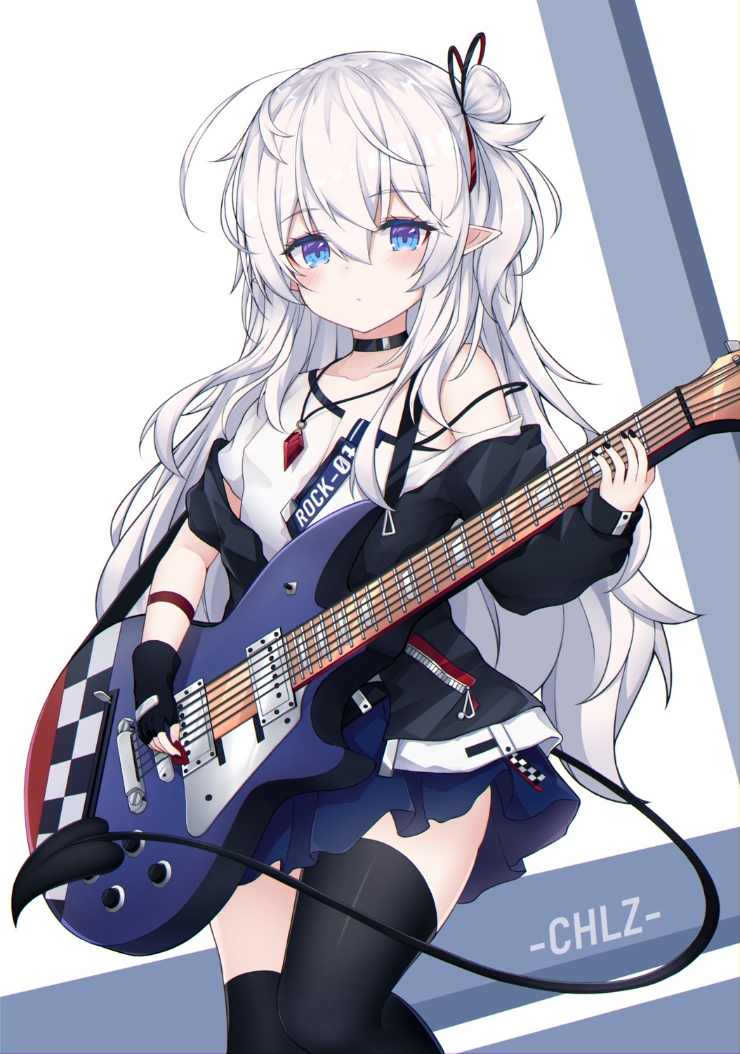 guitar, linez, pointy_ears, tail, thighhighs
