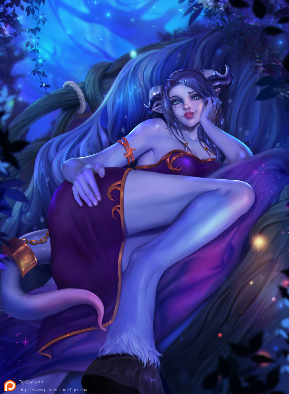 dress, horns, monster_girl, no_bra, pointy_ears, tail, tigrsasha, world_of_warcraft