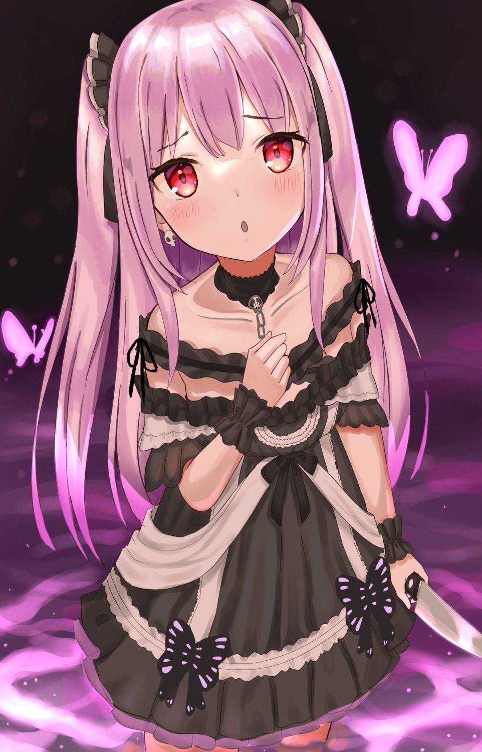dress, gothic_lolita, hololive, lolita_fashion, no_bra, uruha_rushia, uuroncha, weapon