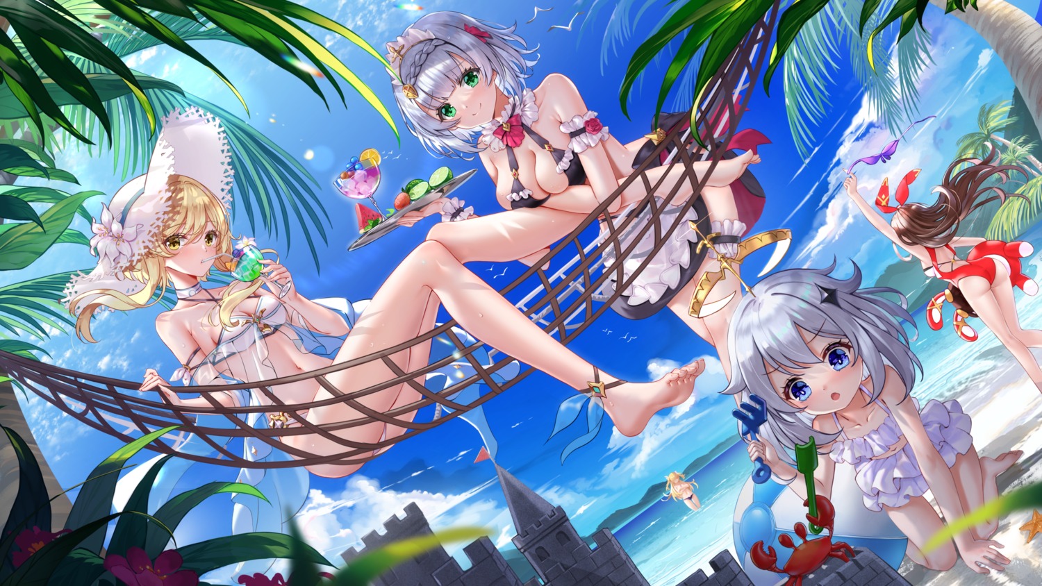 amber_(genshin_impact), ass, bikini, breast_hold, cleavage, feet, fischl, garter