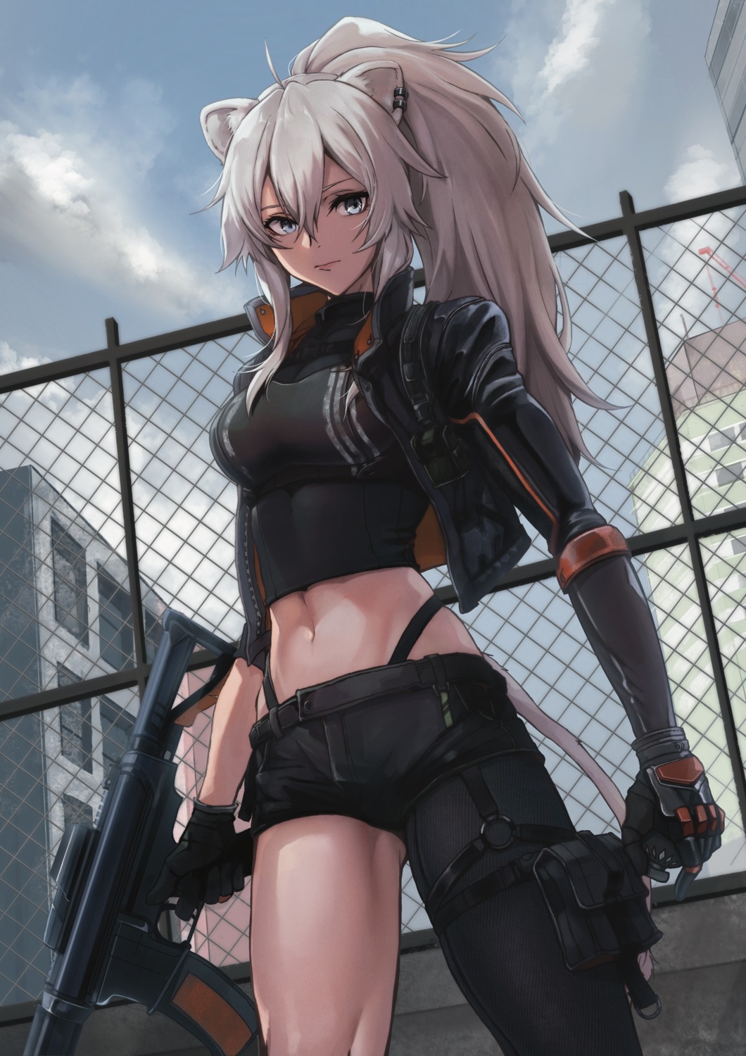 animal_ears, garter, gun, hololive, nishidu, shishiro_botan, tail