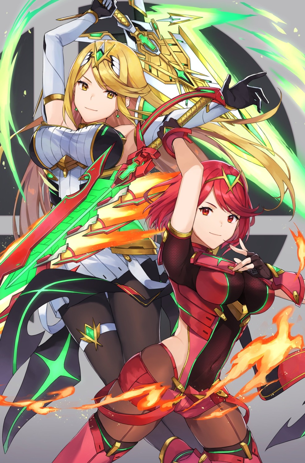 armor, dress, garter, hikari_(xenoblade_2), homura_(xenoblade_2), kamu_(kamuuei), leotard, pantyhose, sword, thighhighs, xenoblade_(series), xenoblade_2