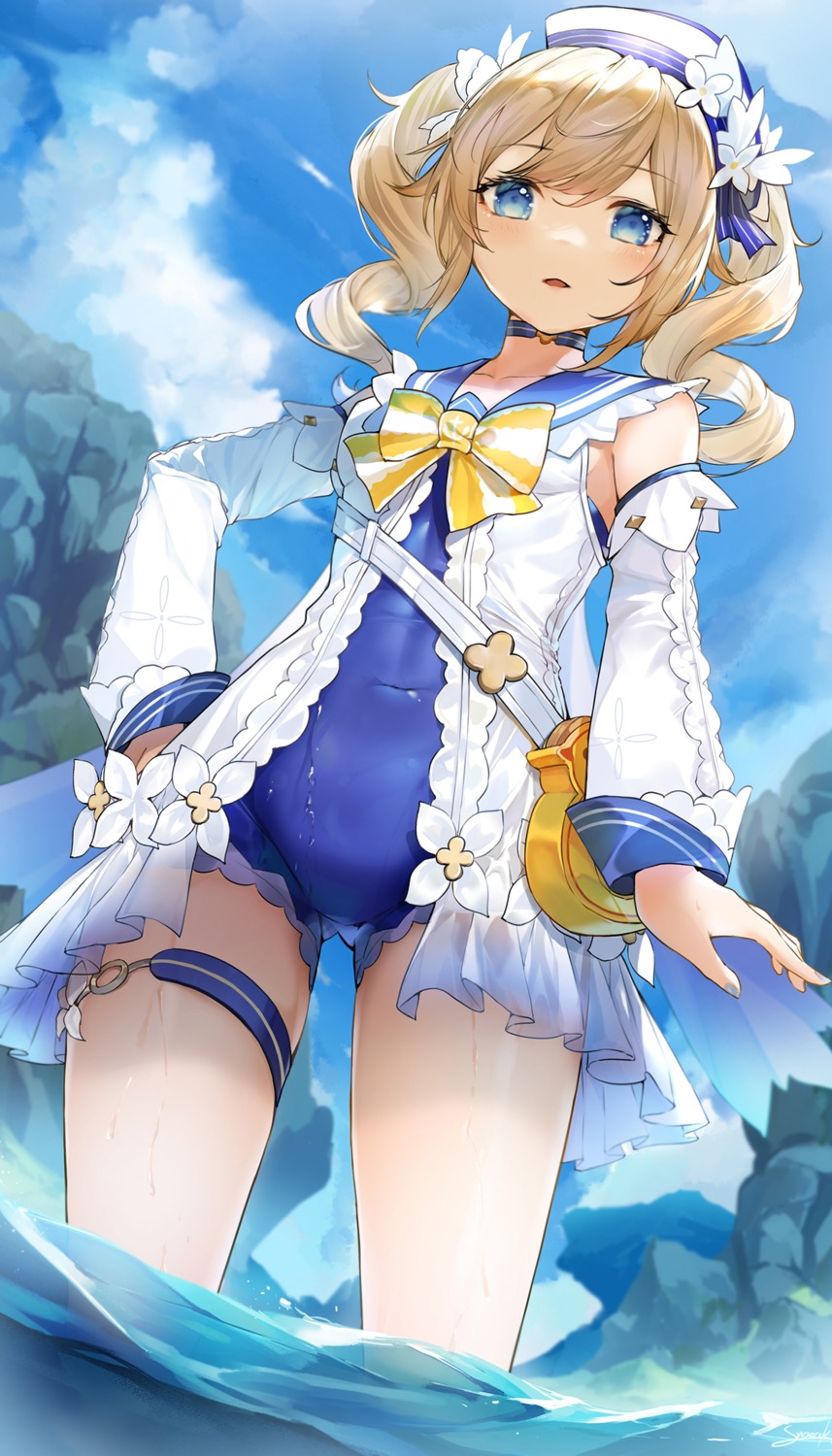 barbara_(genshin_impact), dress, garter, genshin_impact, snozaki, swimsuits, wet