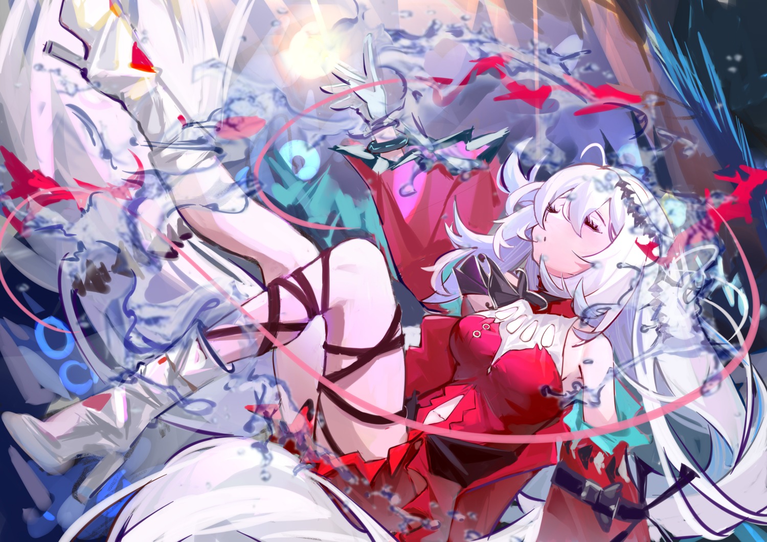 arknights, bugegehaibugouse, dress, garter, heels, skadi_(arknights), skirt_lift
