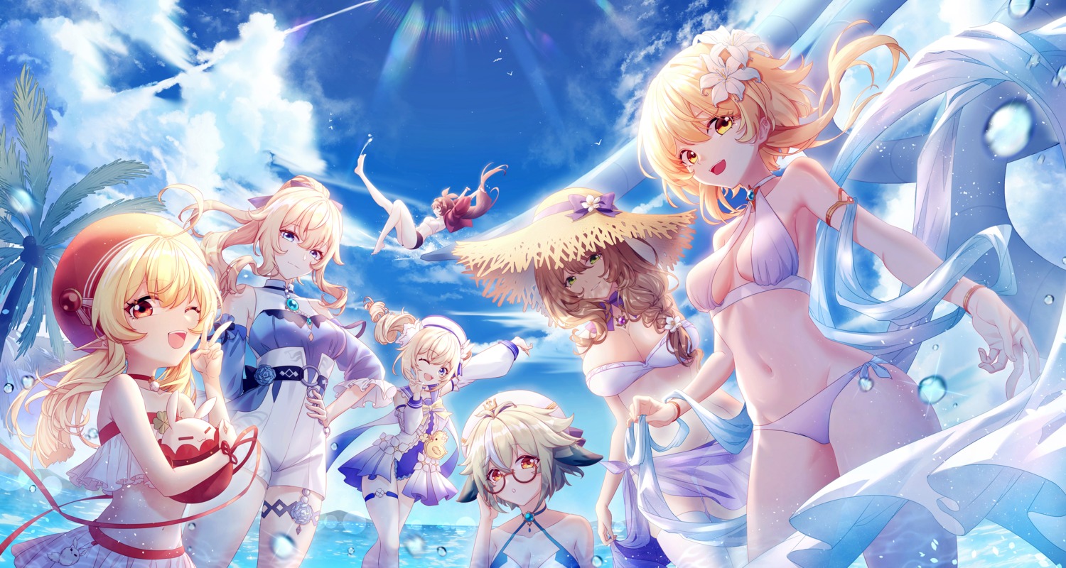 amber_(genshin_impact), animal_ears, barbara_(genshin_impact), bikini, garter, genshin_impact, jean_gunnhildr, klee, lisa_(genshin_impact), lumine, megane, pointy_ears, see_through, so_tsubasa, sucrose, swimsuits