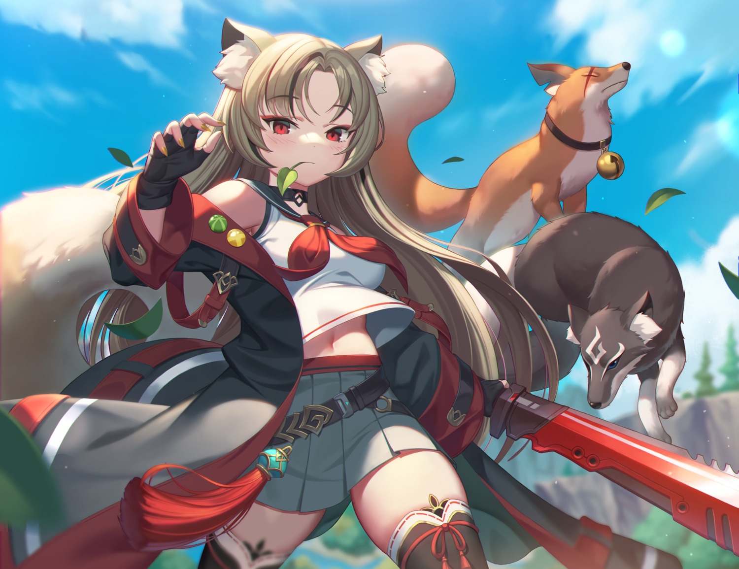 animal_ears, kitsune, nolan, seifuku, shirt_lift, skirt_lift, sword, tail, thighhighs