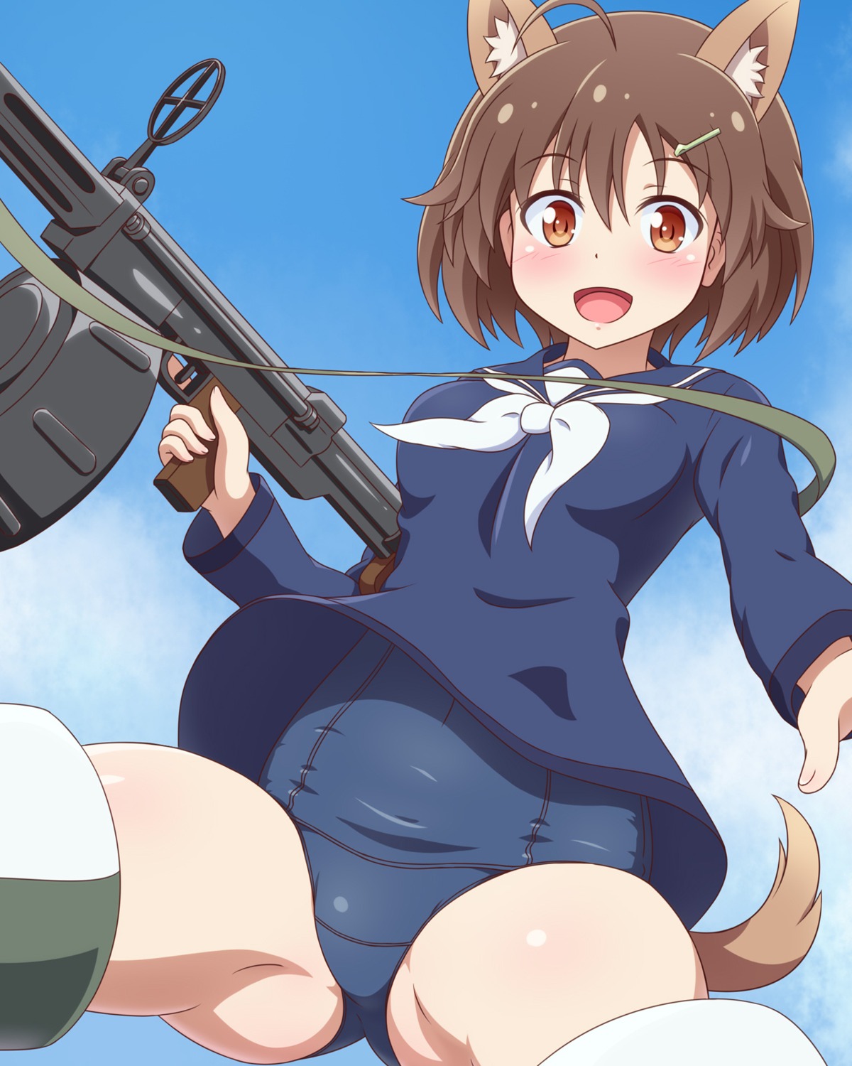animal_ears, brave_witches, gun, karibuchi_hikari, school_swimsuit, seifuku, strike_witches, swimsuits, tail, yosuzu