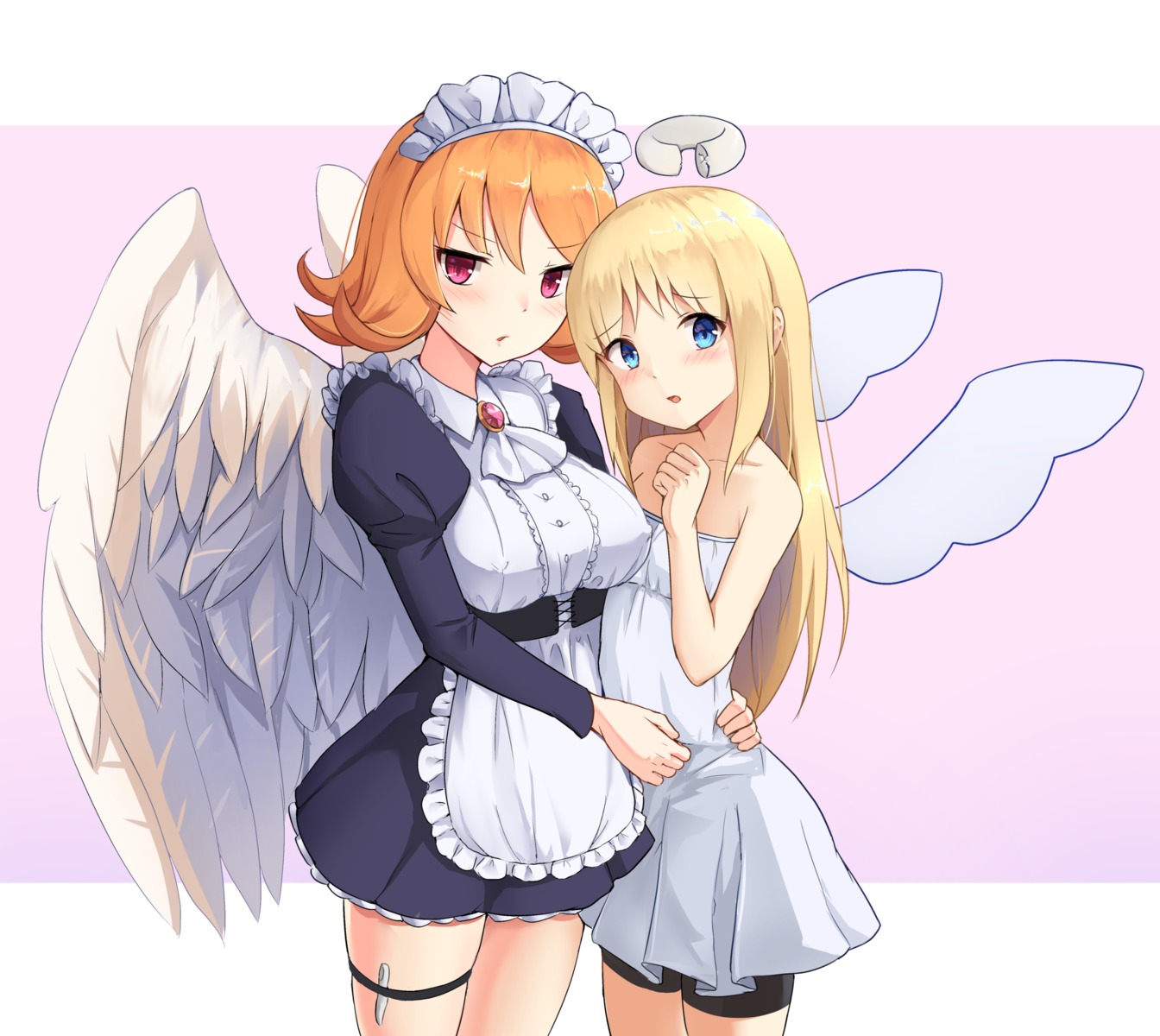 angel, bike_shorts, crimvael, danraz0r, dress, erect_nipples, garter, ishuzoku_reviewers, maid, meidri, monster_girl, wings