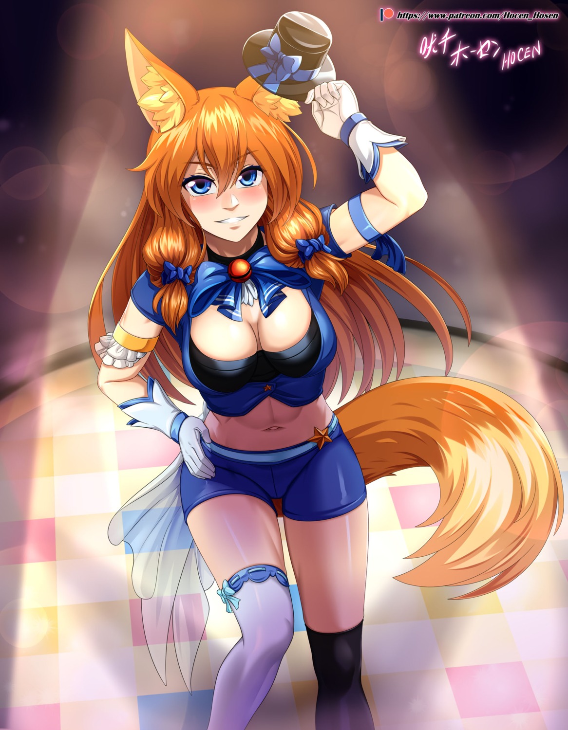 animal_ears, bike_shorts, holcen_hosen, kitsu_(holcen_hosen), kitsune, tail, thighhighs, uniform