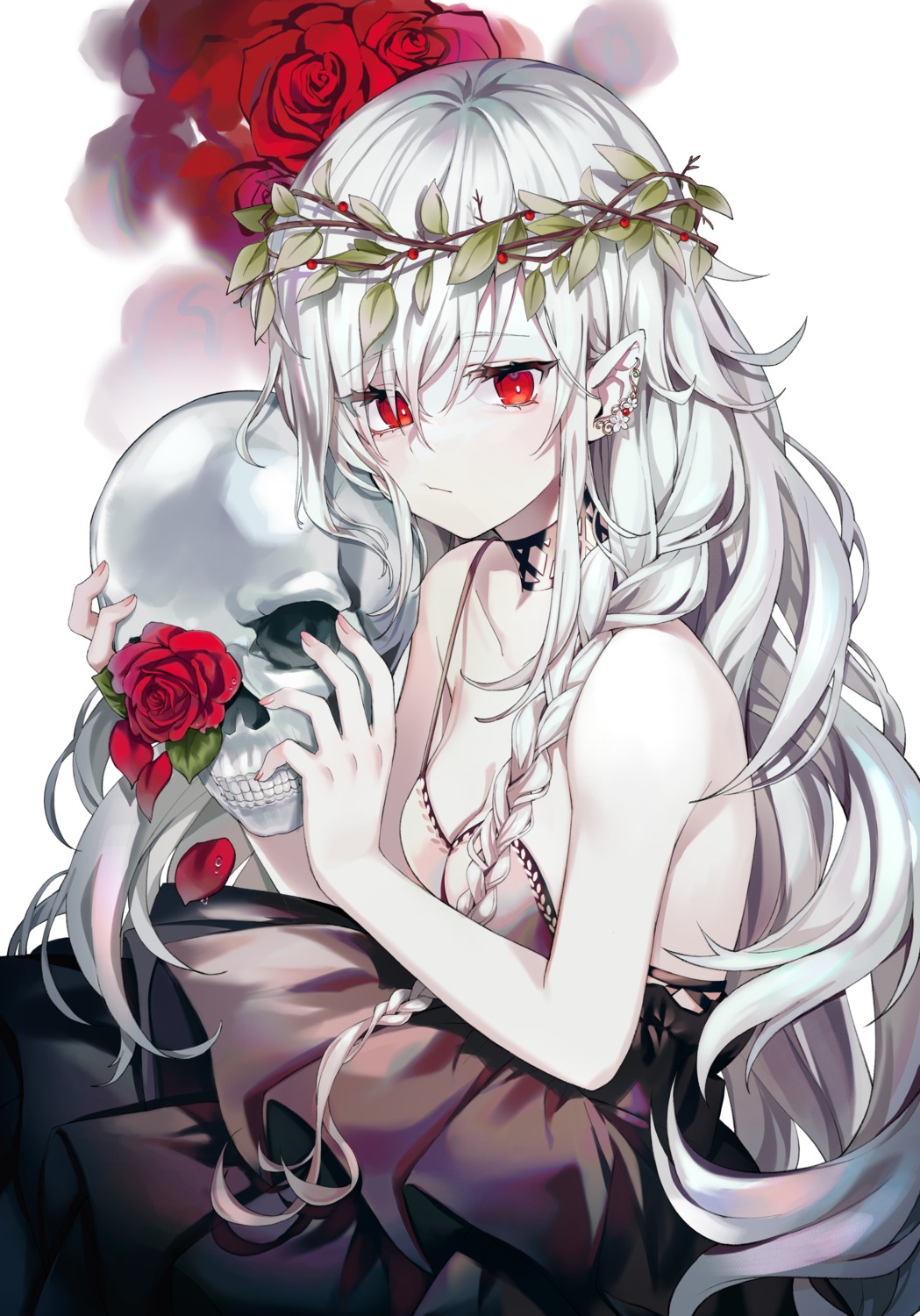 bizet, cleavage, dress, no_bra, pointy_ears, skirt_lift