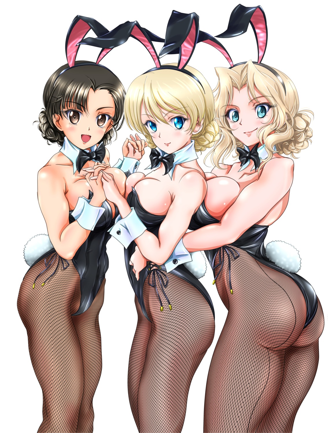 animal_ears, ass, bunny_ears, bunny_girl, darjeeling, fishnets, girls_und_panzer, kay_(girls_und_panzer), nishi_kinuyo, no_bra, pantyhose, tail, tomokoji