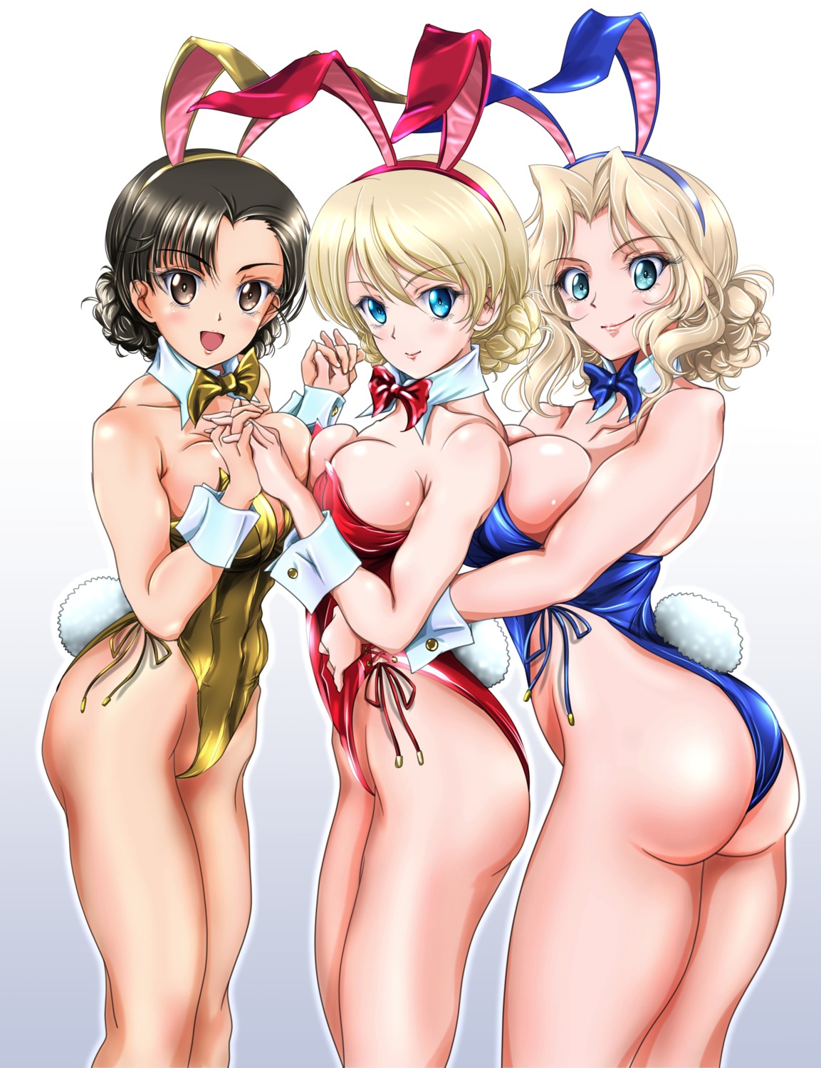 animal_ears, ass, bunny_ears, bunny_girl, darjeeling, girls_und_panzer, kay_(girls_und_panzer), nishi_kinuyo, no_bra, tail, tomokoji