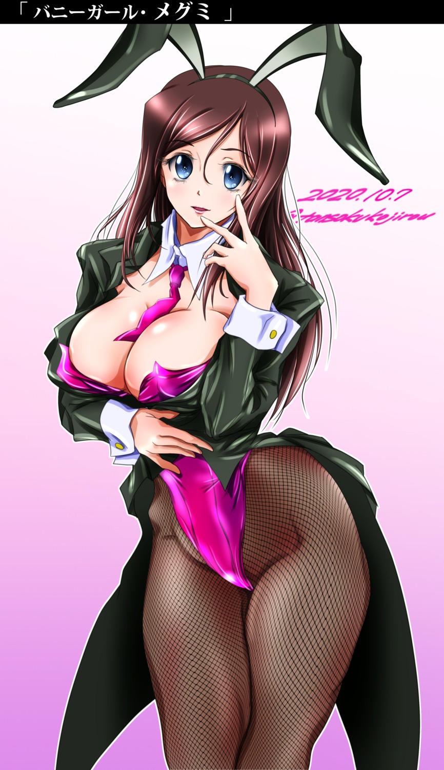 animal_ears, breast_hold, bunny_ears, bunny_girl, fishnets, girls_und_panzer, megumi_(girls_und_panzer), no_bra