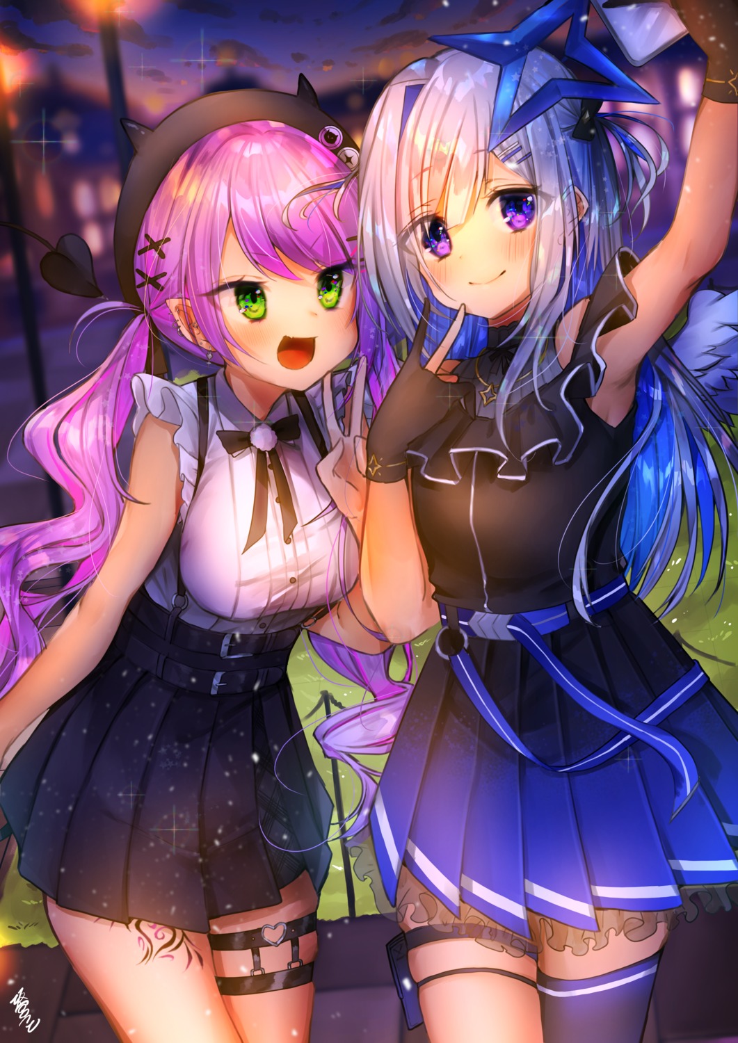 amane_kanata, angel, garter, hololive, sakamiya_tsuto, see_through, tattoo, thighhighs