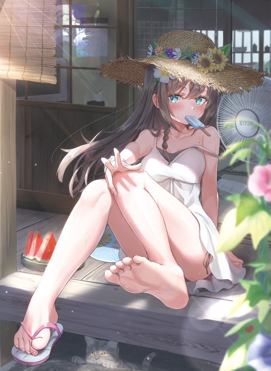 dress, feet, neko, nose_(oekaki1825), pantsu, skirt_lift, string_panties, summer_dress