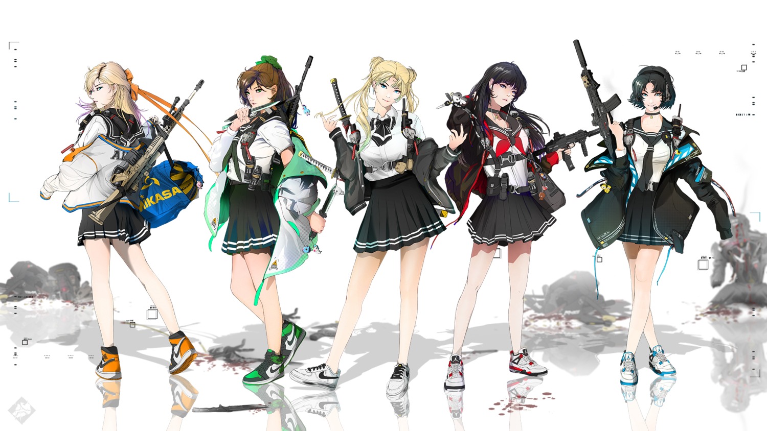 aino_minako, bishoujo_senshi_sailor_moon, gun, headphones, hino_rei, kino_makoto, mizuno_ami, raymond_lam