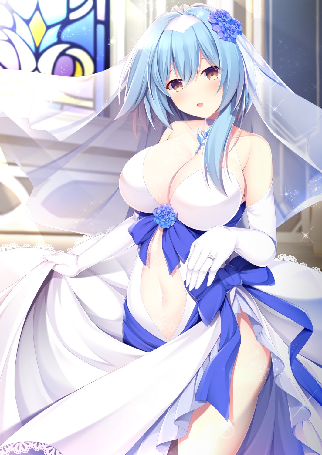 dress, eula, genshin_impact, kishimen, no_bra, see_through, skirt_lift, wedding_dress