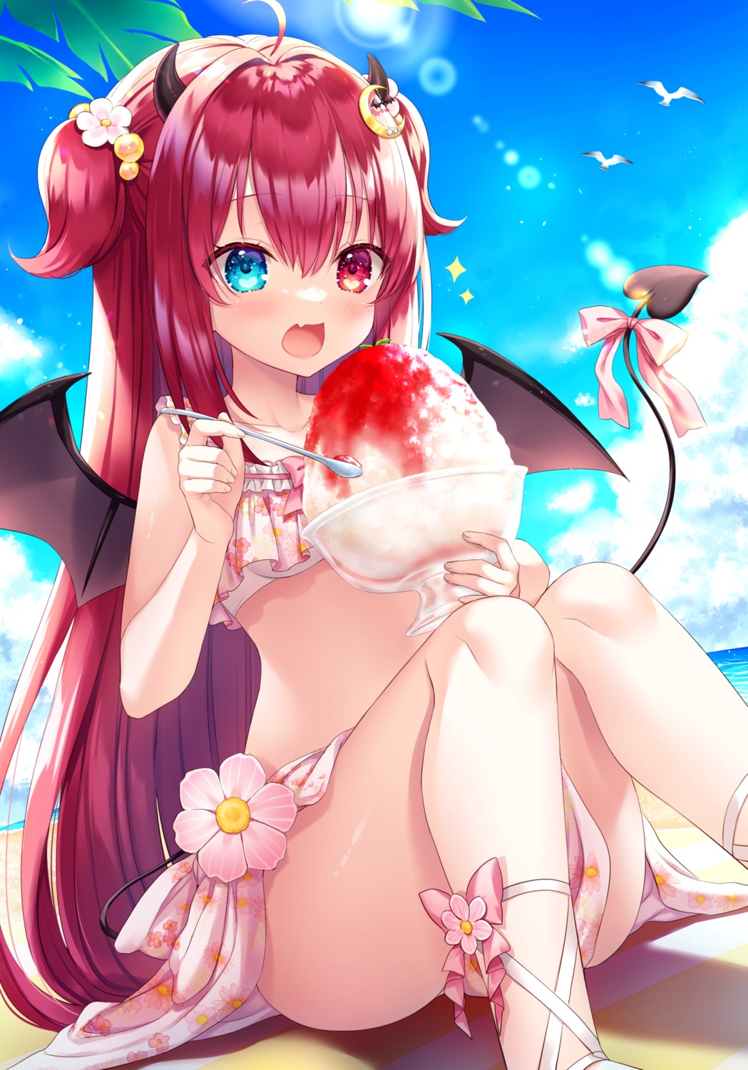 bikini, heterochromia, horns, itsuki_jun, nijisanji, skirt_lift, swimsuits, tail, wings, yuzuki_roa