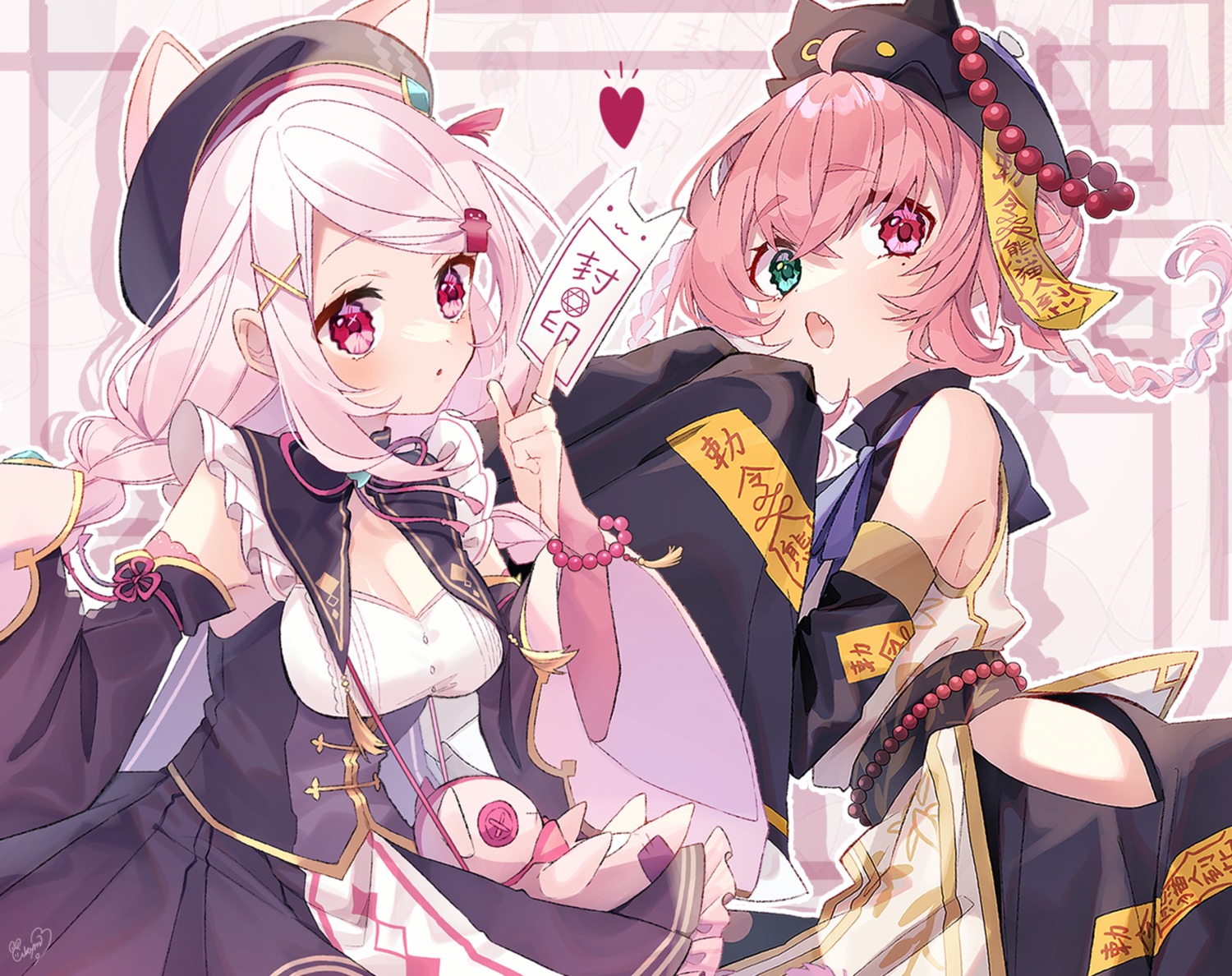 akym, animal_ears, asian_clothes, cleavage, heterochromia, nijisanji, nijisanji_gamers, sasaki_saku, shiina_yuika, skirt_lift