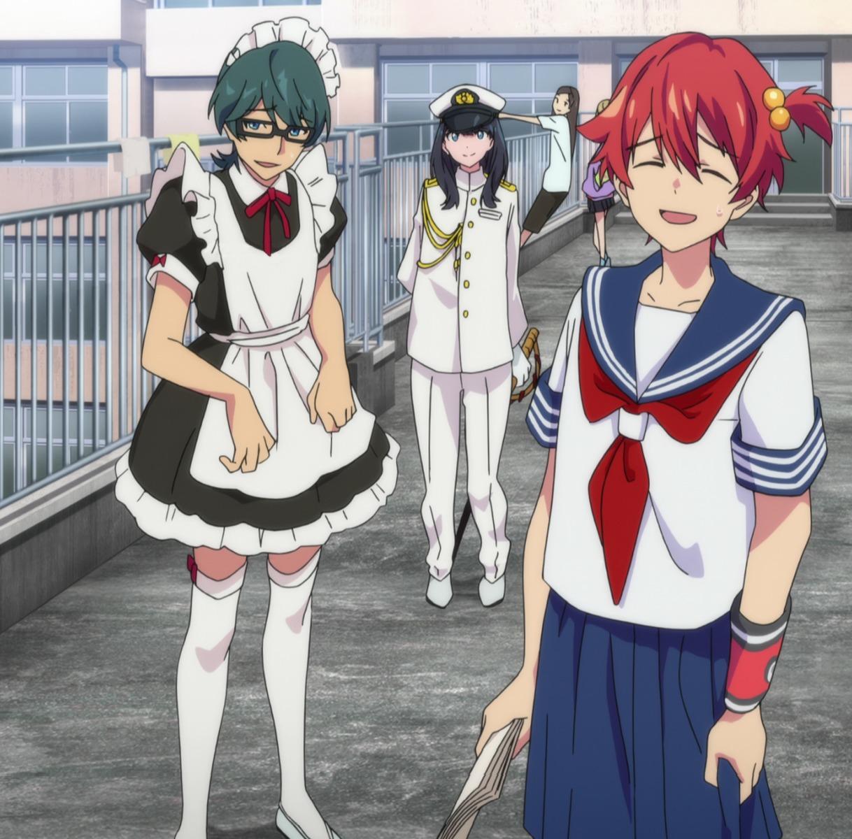 cap, crossdress, furuma_ako, gridman_universe, hibiki_yuuta, maid, marusan, megane, seifuku, ssss.gridman, sword, takarada_rikka, thighhighs, uniform, utsumi_shou