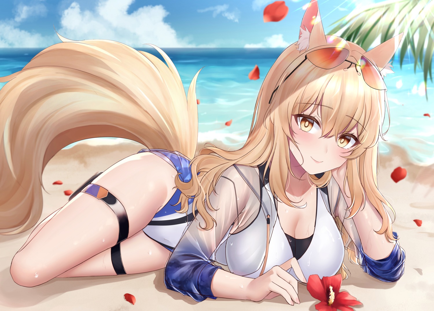 animal_ears, arknights, cleavage, garter, jyu-so, megane, nearl_(arknights), see_through