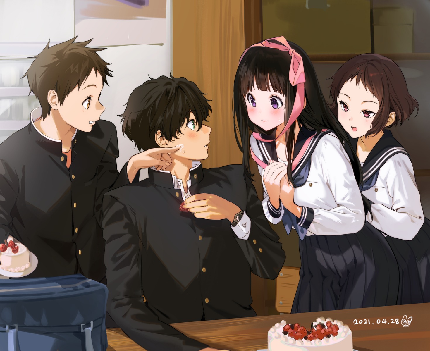 chitanda_eru, cream, fukube_satoshi, hyouka, ibara_mayaka, mery_(yangmalgage), oreki_houtarou, seifuku