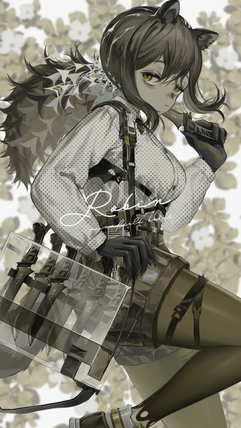 animal_ears, arknights, garter, makkuro, robin_(arknights), tail, weapon
