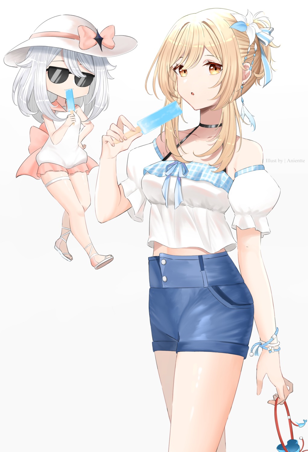anientte, chibi, garter, genshin_impact, lumine, megane, paimon