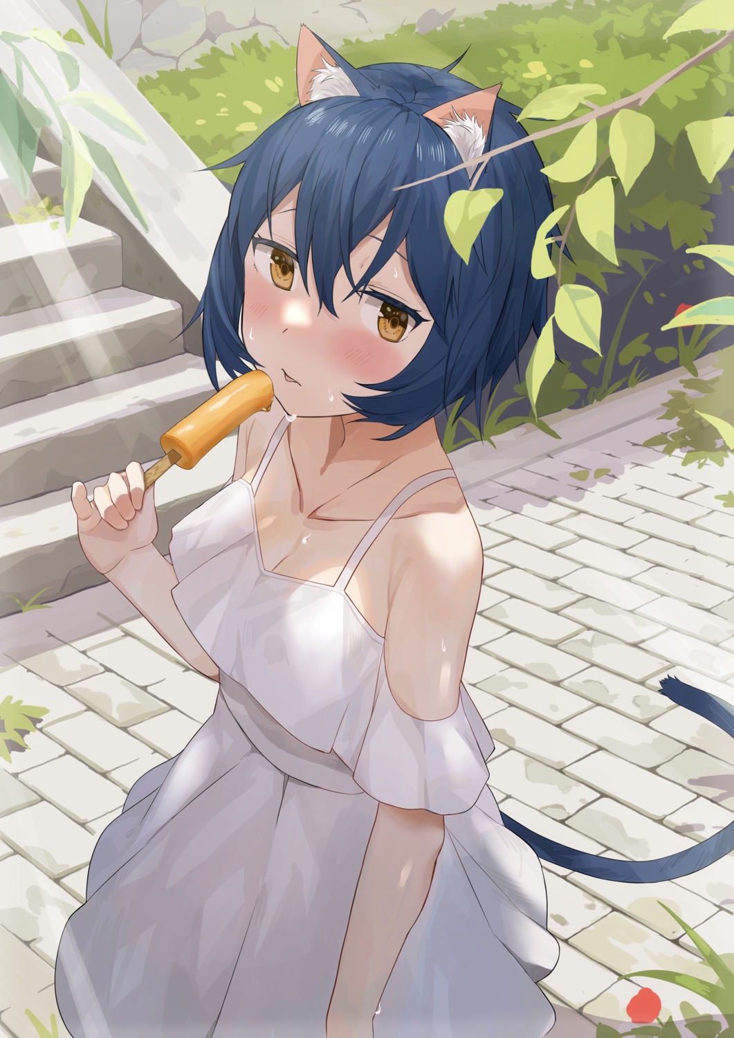 animal_ears, cleavage, dress, nekomimi, no_bra, sen_(sennosenn1127), summer_dress, tail