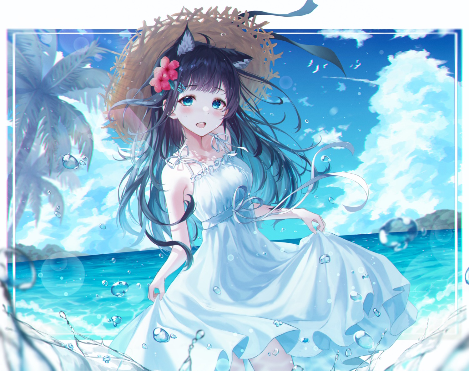animal_ears, darang, dress, skirt_lift, summer_dress, wet