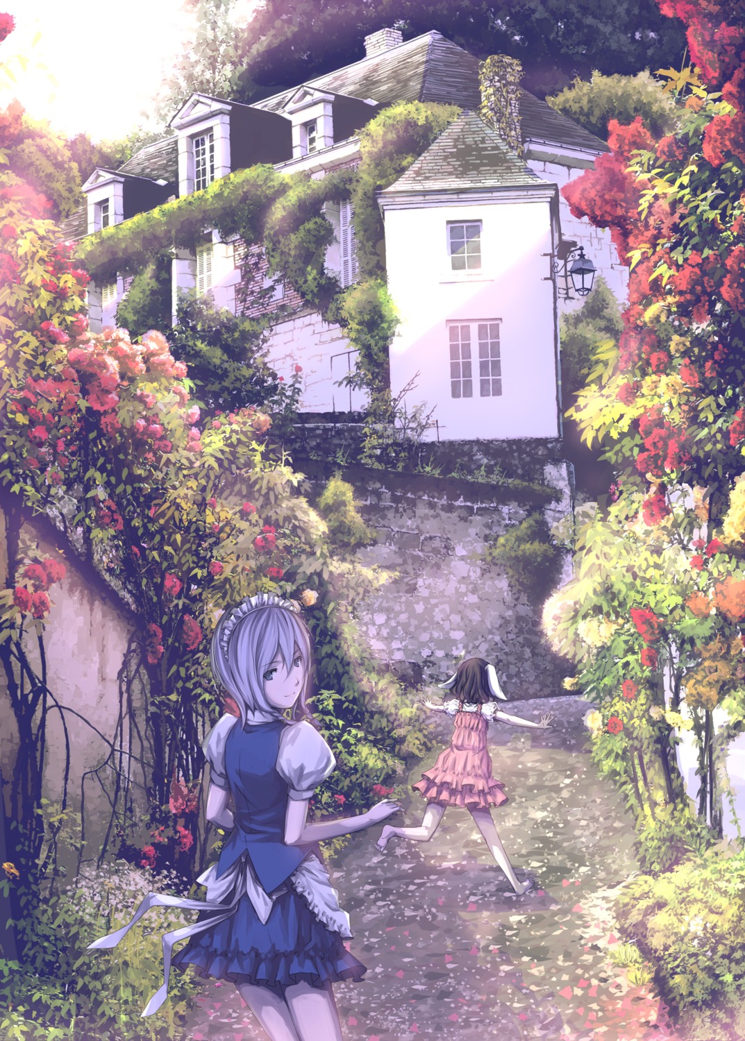 ayasaka, inaba_tewi, izayoi_sakuya, landscape, maid, touhou
