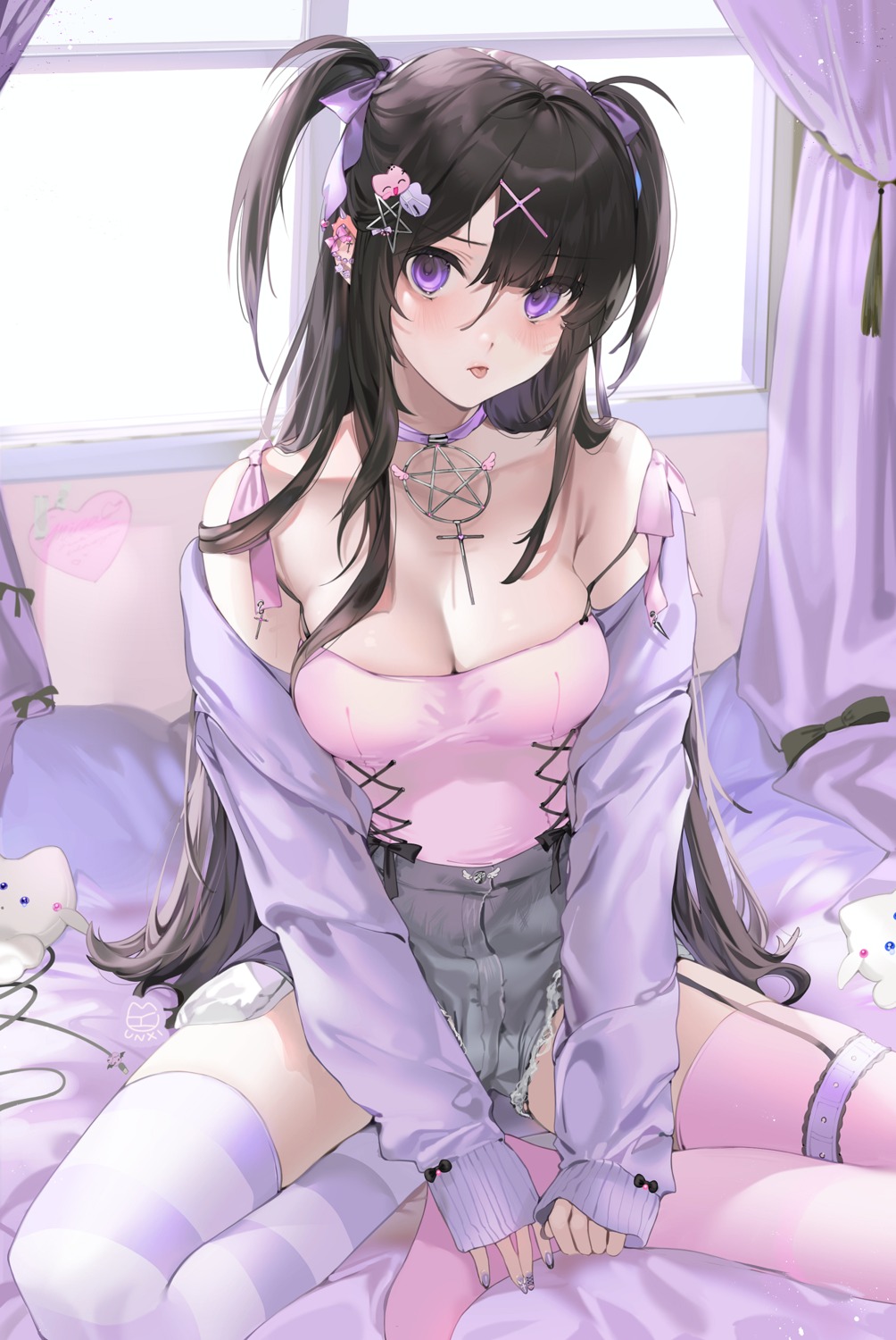 cleavage, garter, no_bra, stockings, sweater, thighhighs, torn_clothes, unxi, violeta_(unxi)