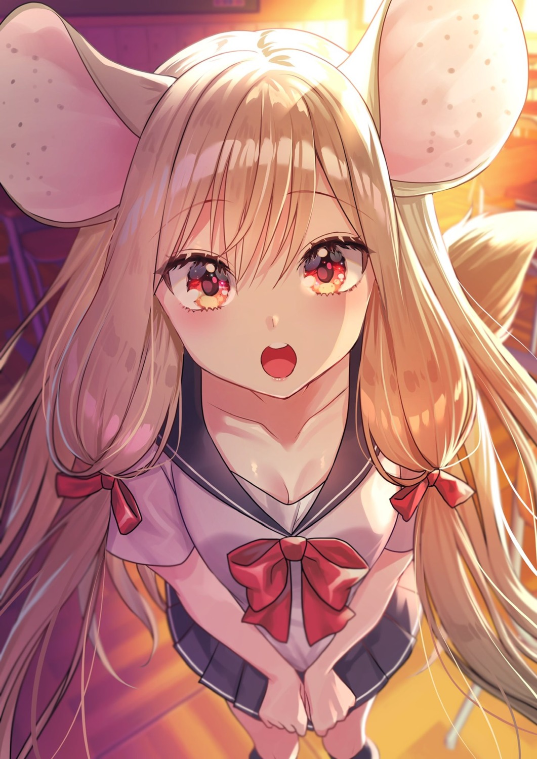 animal_ears, cleavage, hanasaki_mahiru, seifuku, tail