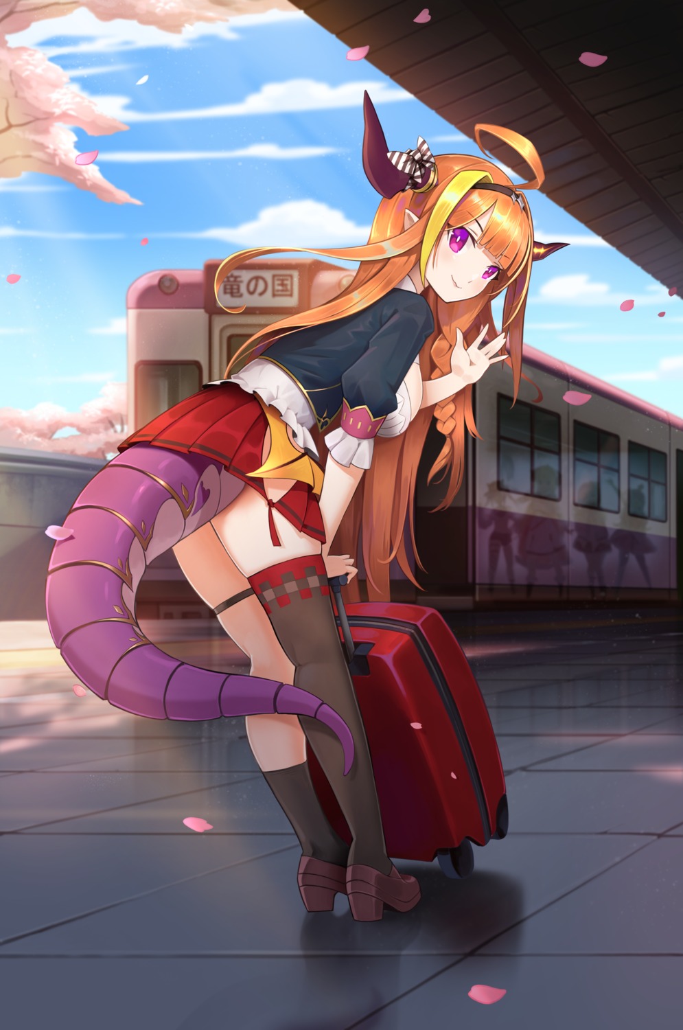 garter, heels, hololive, horns, johnson_zhuang, kiryuu_coco, pointy_ears, skirt_lift