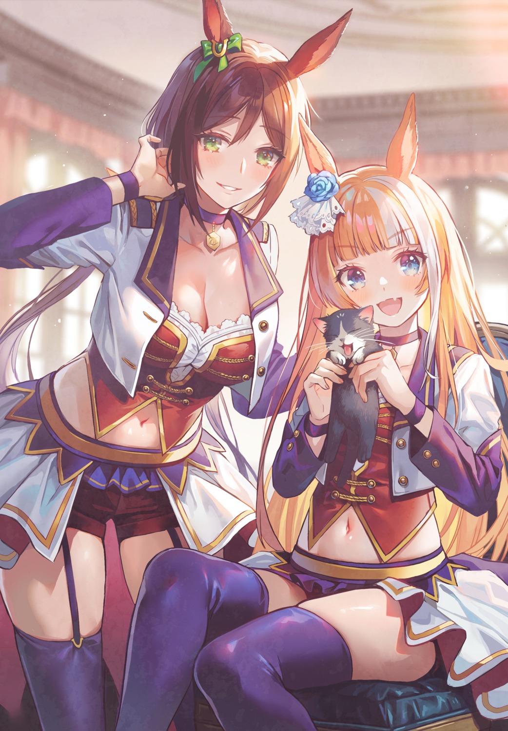 animal_ears, lino_chang, skirt_lift, stockings, thighhighs, uma_musume_pretty_derby, uniform