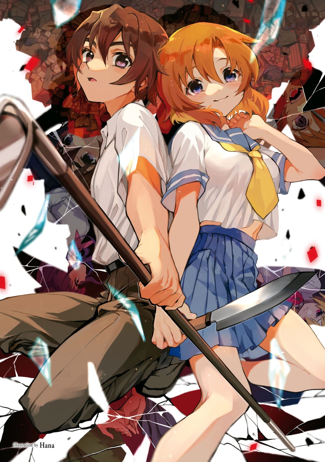 hana_(artist), higurashi_no_naku_koro_ni, maebara_keiichi, ryuuguu_rena, seifuku, weapon
