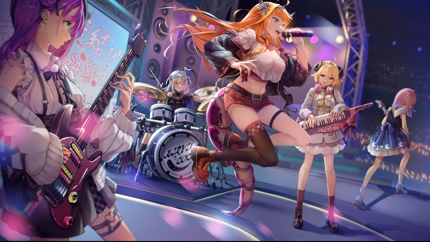 amane_kanata, animal_ears, barrier_mao, garter, guitar, halo, heels, himemori_luna