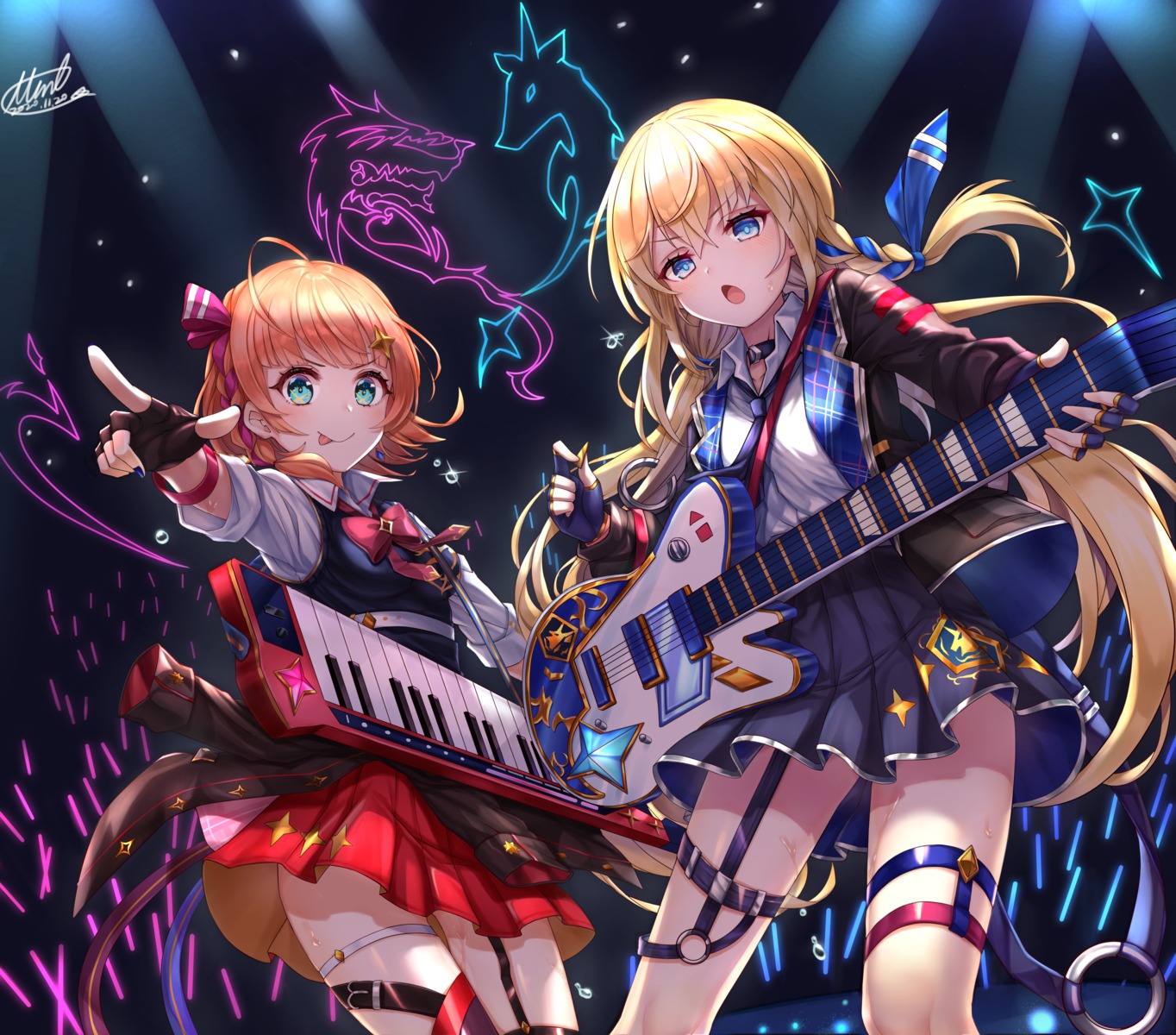 garter, guitar, miko_no_kamiko, seifuku, skirt_lift, stockings, sweater, thighhighs