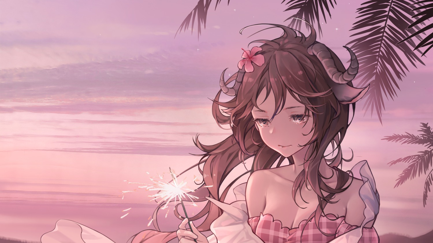 animal_ears, arknights, bikini_top, cleavage, eyjafjalla_(arknights), horns, open_shirt, swimsuits